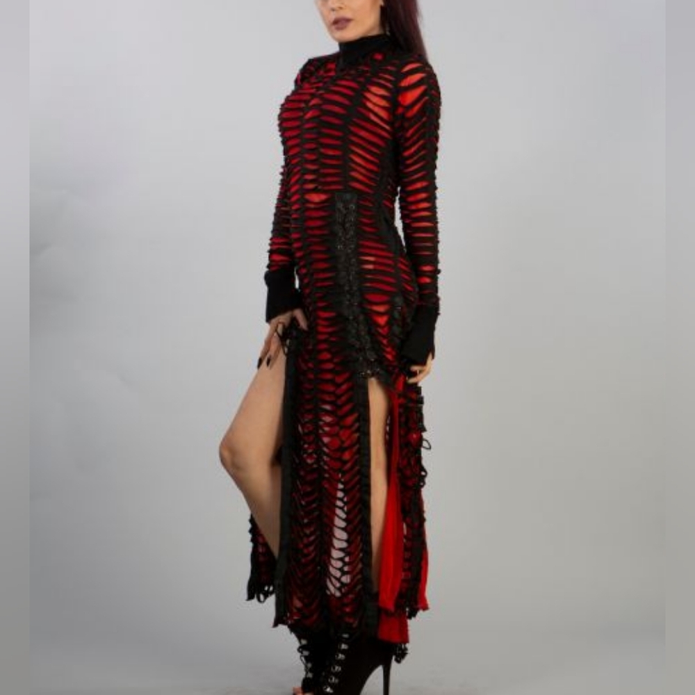Burleska razor cut mesh and cotton dress in black on black size M - Picture 3 of 3